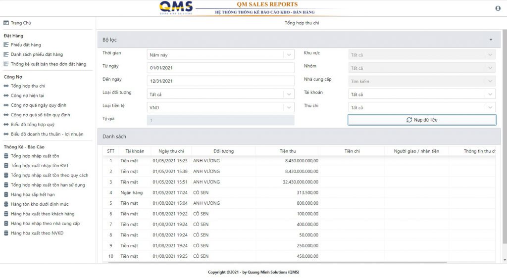 Tổng hợp thu chi trực tuyến QM Sales