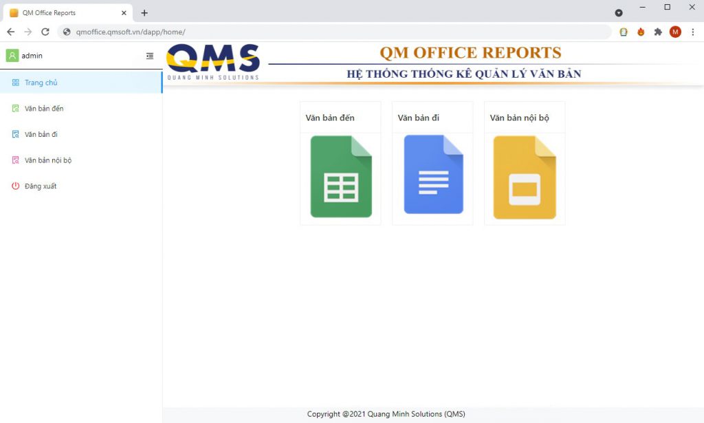 trang chủ hệ thống thống kê quản lý văn bản trực tuyến QM Office
